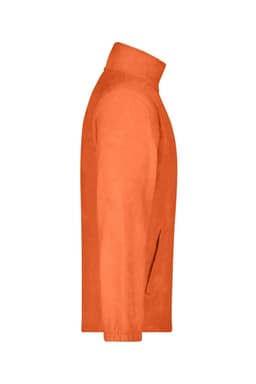 An orange full-zip polar fleece jacket with a high collar and side pockets, featuring a logo.