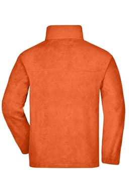 A full-zip fleece jacket in bright orange, featuring a high collar and a plain back design.