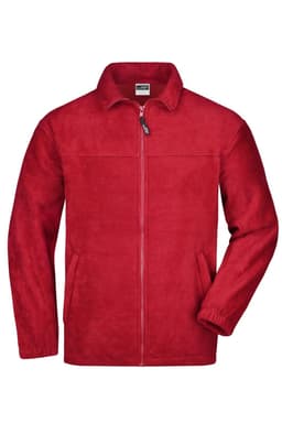 A red full-zip fleece jacket with a collar, featuring side pockets and a branding logo.