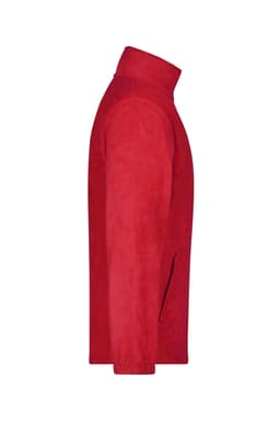 A red full-zip fleece jacket displayed from the side, featuring a high collar and a smooth texture.