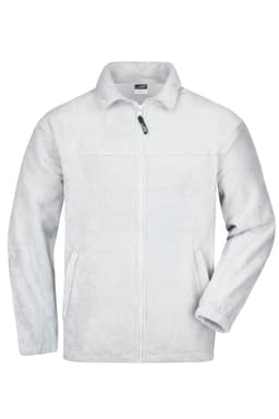 A white full-zip fleece jacket featuring two front pockets and a zippered collar. It has a logo on the chest.