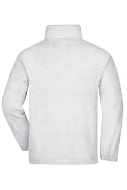 A white full-zip fleece jacket with a high collar and long sleeves, featuring a simple design and no visible branding.