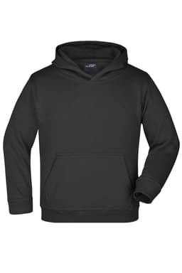 A black hooded sweatshirt with a front pocket and a logo, featuring long sleeves and a drawstring hood.