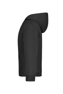 A black hooded sweatshirt for juniors, featuring a side view with a hood and long sleeves. It has a logo.