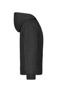 A black hooded junior sweatshirt featuring a kangaroo pocket and a logo. Side view displays the hood and sleeve.