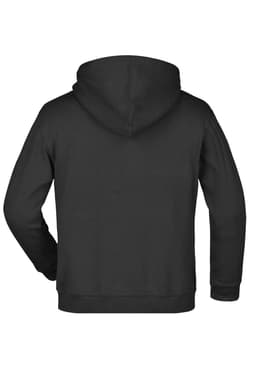 A black hooded junior sweat jumper featuring a plain design and a logo on the back.
