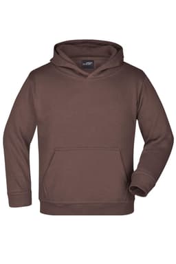 A brown hooded sweatshirt with a front pocket and a logo. Suitable for juniors.