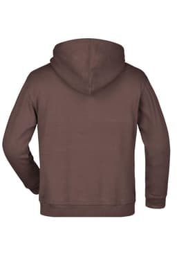 A brown hooded sweatshirt with a back view, featuring a simple design and a logo.
