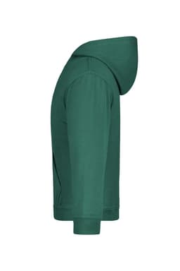 A green hooded sweatshirt with a kangaroo pocket, featuring a hood and a side view to highlight its design.