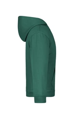 A green hooded sweatshirt with a side view, featuring a simple design and a hood. It has a logo on the front.