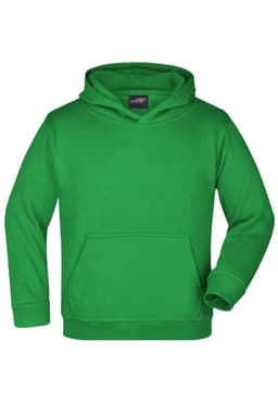A green hooded jumper featuring a front pocket and a logo. Suitable for juniors.