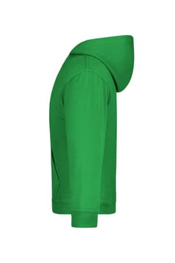 A green hooded sweatshirt with a side view, featuring a hood and a simple design. It includes a logo.
