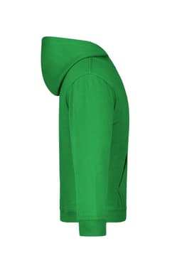 A green hooded sweatshirt for juniors, featuring a side view with a hood and long sleeves. It has a logo.