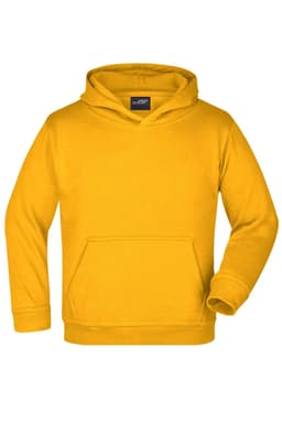 A bright yellow hooded sweatshirt with a front pocket and a logo. Designed for juniors.