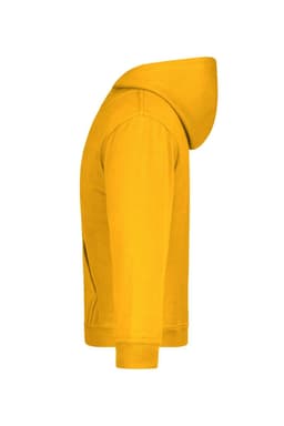 A yellow hooded sweatshirt with a kangaroo pocket and a branding logo. The garment features a comfortable hood.