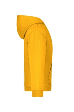 A yellow hooded sweatshirt with a kangaroo pocket and a hood, featuring a logo on the front.