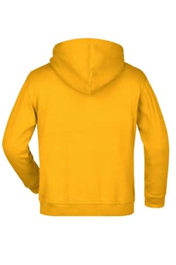 A yellow hooded sweatshirt designed for juniors, featuring a logo on the back.