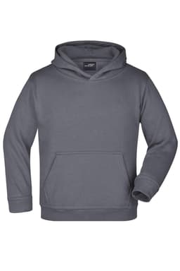 A grey hooded sweatshirt with a front pocket and an attached hood. It has a logo on the label area.