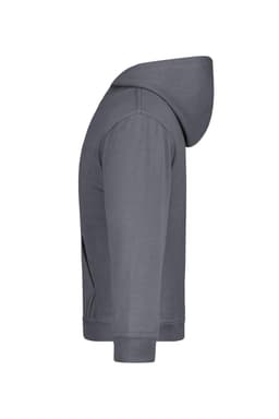 A grey hooded sweatshirt featuring a side view and a kangaroo pocket. It has a logo on the front.