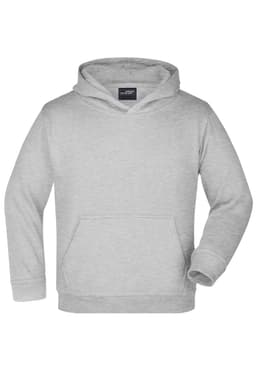 A grey hooded sweatshirt with a front pocket and a logo on the label.
