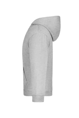 A grey hooded sweatshirt with a kangaroo pocket and a logo on the front.