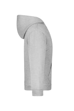 A grey hooded sweatshirt with a side view showing the hood and sleeves. It features a logo.