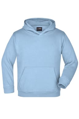 A light blue hooded sweatshirt featuring a front pocket and a hood. The design includes a logo on the label.
