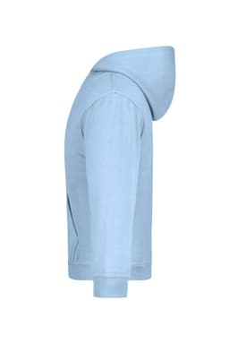 A light blue hooded jumper with a side view showing the hood and sleeve detail. It has a logo on it.