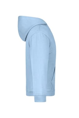 A light blue hooded sweatshirt with a side view, featuring a logo on the front pocket.