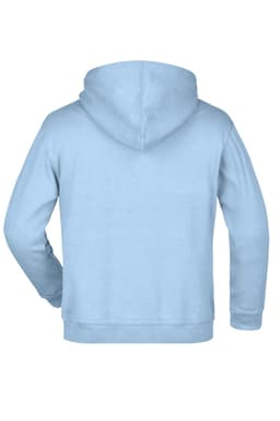 A light blue hooded sweatshirt with a kangaroo pocket and a solid colour design. It features a logo on the back.