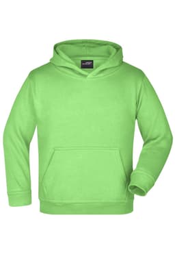 A bright green hooded sweatshirt with a kangaroo pocket and a logo on the label.