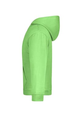 A hooded sweatshirt in vibrant green with a side view showcasing the hood and sleeves. It features a logo.