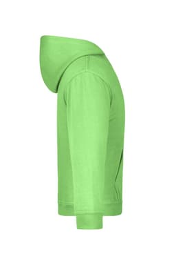 A green hooded junior sweatshirt with a kangaroo pocket and a logo on the front.