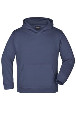 A navy hooded sweatshirt featuring a front pocket and a logo on the interior label. Suitable for juniors.
