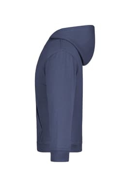 A navy hooded sweatshirt with a side view, featuring a hood and long sleeves. It has a logo on the front.