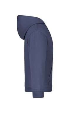 A navy hooded sweat jumper featuring a side view with a fitted design and a hood. It includes a branding logo.