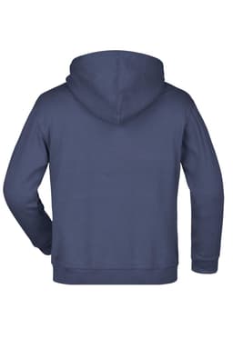 A navy blue hooded sweatshirt with a plain back and a drawstring hood. It features an unlabelled logo.
