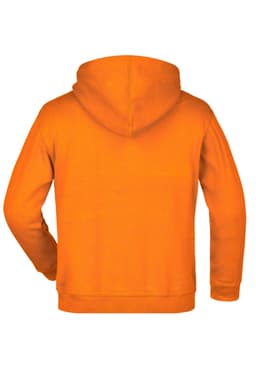 A hooded sweat junior in vibrant orange, featuring a simple back design and a hood. Includes a logo.
