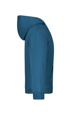 A blue hooded sweatshirt with a side view featuring a hood and long sleeves. Includes a branding logo.