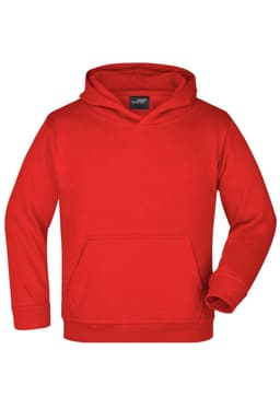 A red hooded sweatshirt with a front pocket and a logo on the label. Suitable for juniors.