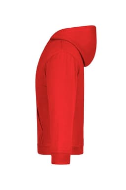 A red hooded sweatshirt for juniors, featuring a side view and a hoodie with a logo.