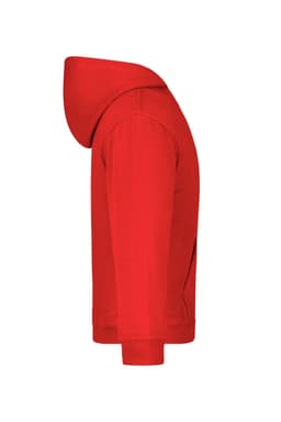 A red hooded sweatshirt featuring a hood and long sleeves, with a logo on the front.
