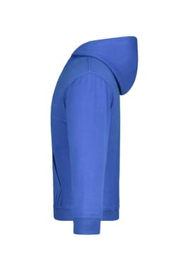 A blue hooded sweatshirt with a side view, featuring a hood and a simple design. It has a small logo on the garment.
