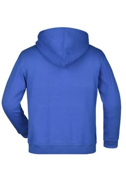 A blue hooded sweatshirt with a kangaroo pocket and a hood, featuring a logo on the back.