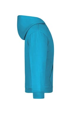 A turquoise hooded sweatshirt with a side view, featuring a hood and long sleeves. It has a simple design and branding.