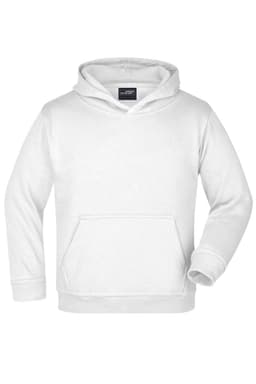 A white hooded sweatshirt for juniors featuring a front pocket and a hood. The product has a logo.