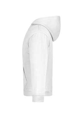 A white hooded junior sweatshirt with a side view, featuring a hood and long sleeves. It has a logo on the front.