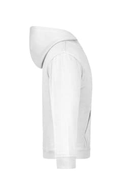 A white hooded sweatshirt for juniors, featuring a side view with a hood and long sleeves. Branding visible.