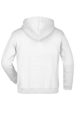 A white hooded sweatshirt with a back view, featuring a large hood and a waistband. It has a logo.