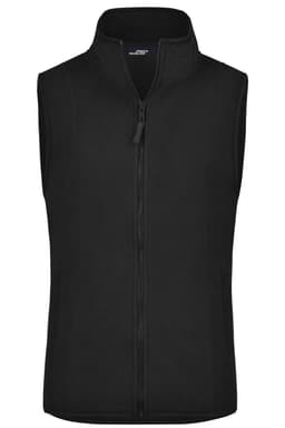 A black microfleece vest with a zip front and a collar. It features a logo on the front.